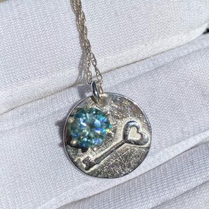 Blue Moissanite Key Medallion / Disk set in .950 Solid Sterling minimalist